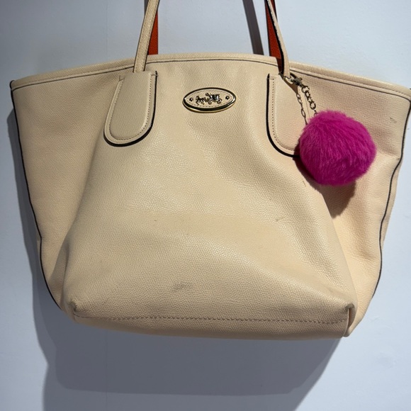 Coach Peach/Cream Tote with Pink Pom Pom - Picture 2 of 7